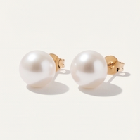 A pair of 9mm round pearl stud earrings with gold posts, shown on a clean off-white background