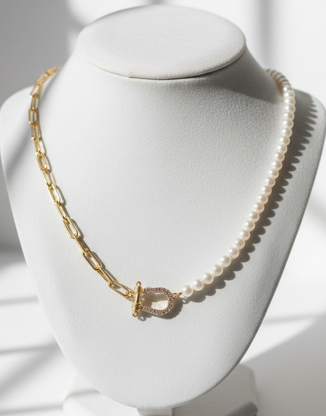 Pearl necklace with a gold chain on a white mannequin bust.