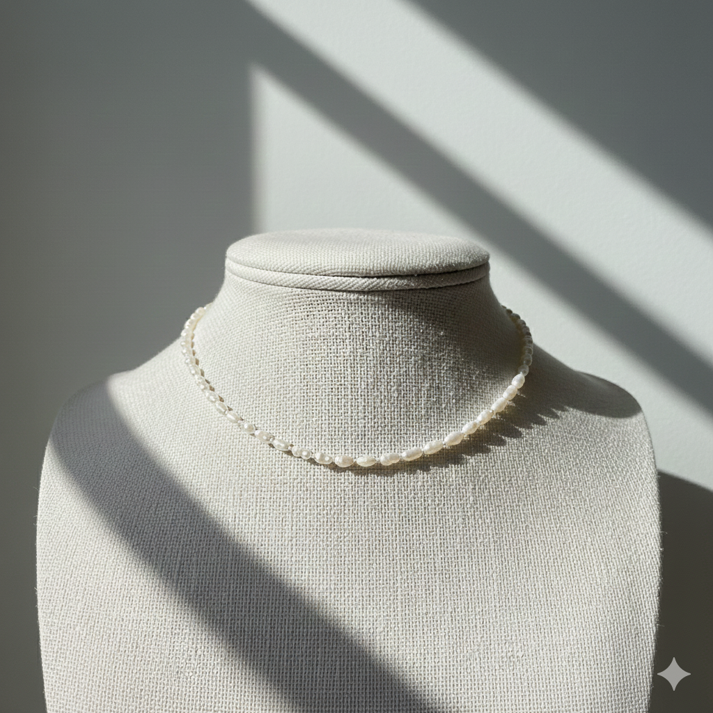 Pearl necklace on a mannequin bust with soft shadows on a neutral background
