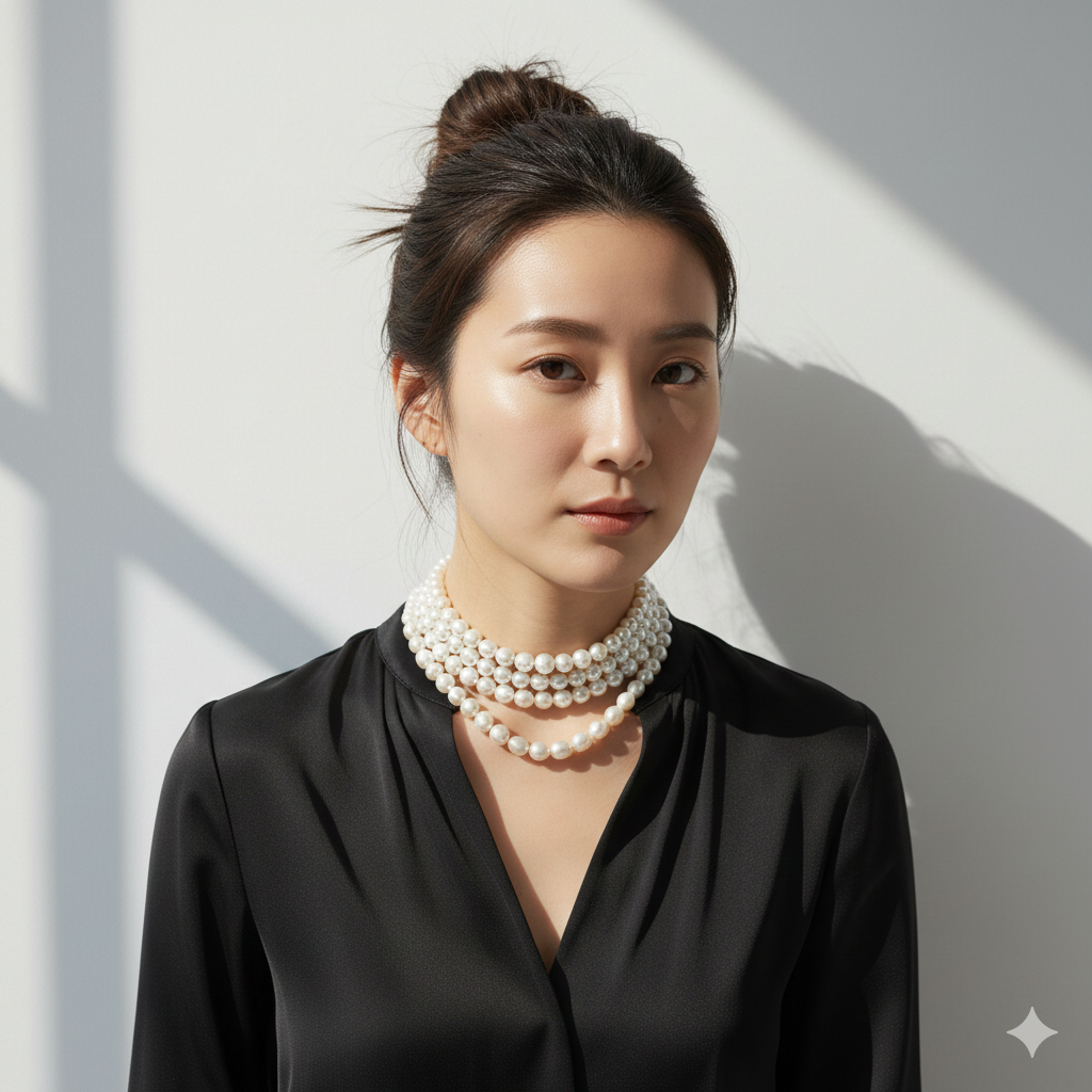 Woman wearing a black top and multiple pearl necklaces against a light background