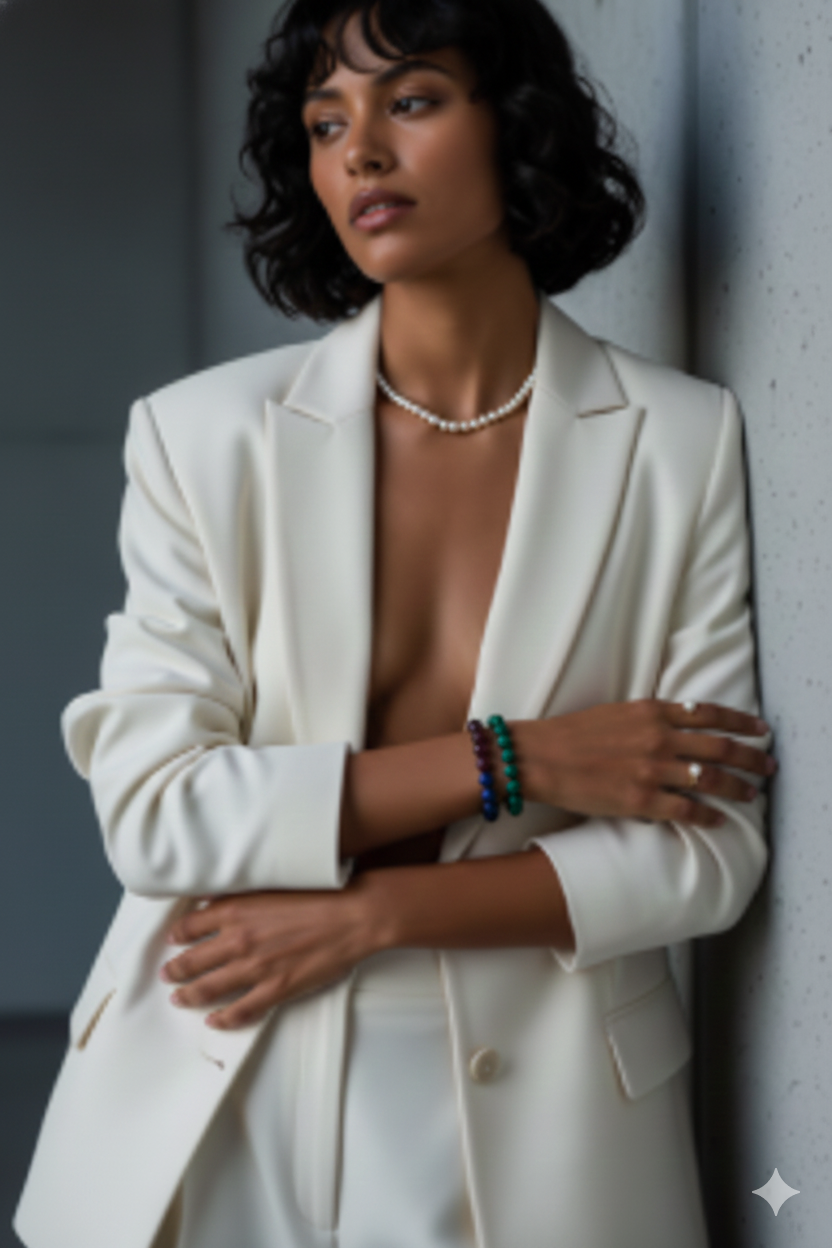 Woman wearing a white blazer against a gray wall
