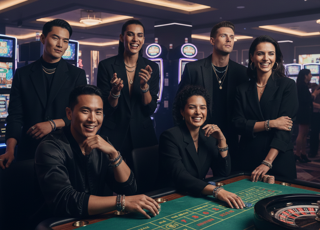 Group of people at a casino table with slot machines in the background